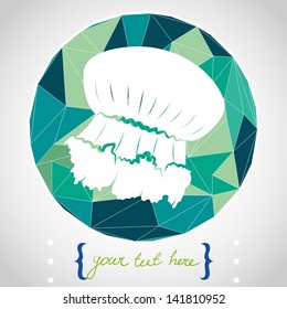 Circle composition made of geometric shapes. Label design. Hand drawn cartoon jellyfish. Vector illustration.