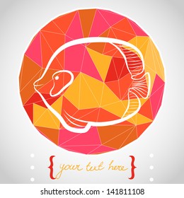 Circle composition made of geometric shapes. Label design. Hand drawn funny cartoon fish. Vector illustration.