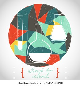 Circle composition made of geometric shapes. Back to school label design. Hand drawn flasks and place for the text. Vector illustration.