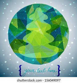 Circle composition made of geometric shapes. Label design. Evergreen fir tree silhouette in bright and sparkling geometrical round shape. Winter holidays illustration.