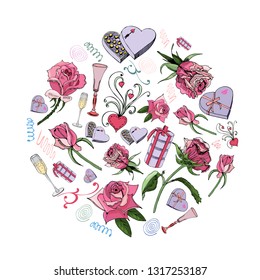 Circle composition of rose flowers with leaves, candy and other different objects isolated on white background. Hand drawn ink and color sketch. Vector illustration.