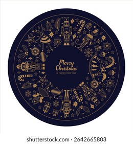 Сhristmas circle composition in Scandinavian style with traditional Christmas and New Year elements. Сute motifs from the ballet Nutcracker. Vector template. Retro design. Gift boxes