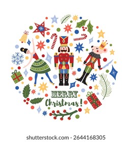 Сhristmas circle composition in Scandinavian style with traditional Christmas and New Year elements. Сute motifs from the ballet Nutcracker. Vector template. Retro design. Gift boxes