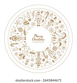 Сhristmas circle composition in Scandinavian style with traditional Christmas and New Year elements. Сute motifs from the ballet Nutcracker. Vector template. Retro design. Gift boxes