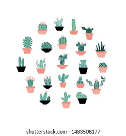 Circle composition with succulents in hand drawn scandinavian style. Set of house plants. Poster, banner, greeting card, print isolated elements. Vector color illustration on white background