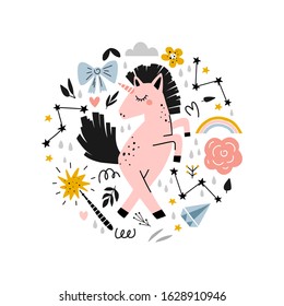 Circle composition with unicorn, flowers, stars  and other fabulous elements. Handdrawn vector clipart.