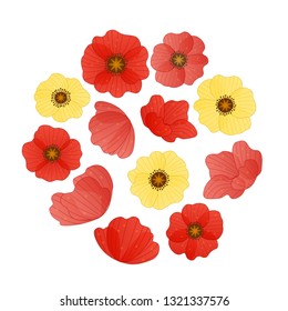 Circle composition of vector red and yellow poppy.