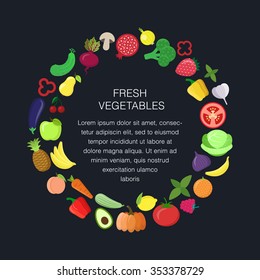 Circle composition with vector vegetables and fruits with copy space in the center