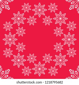 Circle composition of white snow flakes on a red background ideal for beautiful elegant Christmas card or wrapping paper. Modern flat design. Vector illustration. Digital print.