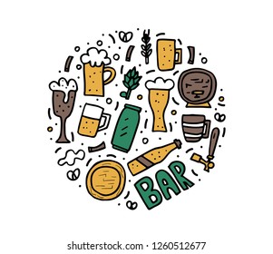 Circle composition woth craft beer elements set in doodle style. Round badge with symbols and lettering. Vector conceptual illustration.