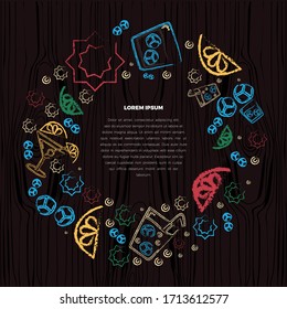 Circle concept with alcohol bar symbols. Alcohol glasses vector. Drawn free hand on a wooden board, jagged edges. Martini, champagne, cocktail, margarita, hurricane glass, ice, lemon. Place for text.