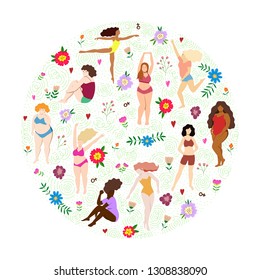 Circle concept with beautiful women of different races and flovers and leaves. Vector illustration in modern flat style.
