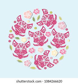 Circle concept with Boar's or Pig's head with flowers. Vector design element for oriental concept, tattoo studio, identity, pet shop. Pig, Boar is symbol of 2019 Chinese New Year.