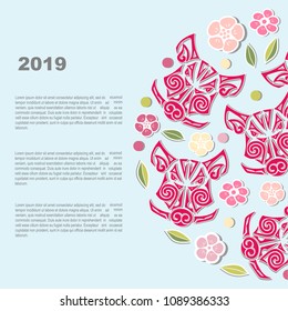 Circle concept with Boar's or Pig's head with flowers. Template for oriental concept, tattoo studio, identity, pet shop. Pig, Boar is symbol of 2019 Chinese New Year.