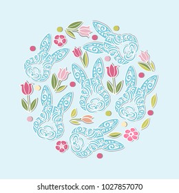 Circle concept with Bunny head and flowers. Vector design element for Happy Easter Day, party invitation, greeting card, web, postcard, girl or boy birthday, baby shower. Isolated on blue background.