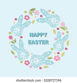 Circle concept with Bunny Head and flowers. Vector design element for Happy Easter Day, party invitation, greeting card, web, postcard, girl or boy birthday, baby shower. Isolated on blue background.