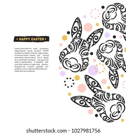 Circle concept with Bunny head. Vector design element for Happy Easter Day, party invitation, greeting card, web, postcard, girl or boy birthday, tattoo studio. Rabbit head stylized Maori face tattoo.