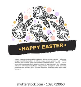 Circle concept with Bunny head. Vector design element for Happy Easter Day, party invitation, greeting card, web, postcard, girl or boy birthday, tattoo studio. Rabbit head stylized Maori face tattoo.
