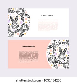 Circle concept with Bunny head. Vector design element for Happy Easter Day, party invitation, greeting card, web, postcard, girl or boy birthday, tattoo studio. Rabbit head stylized Maori face tattoo.