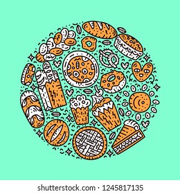 Circle concept card. Bakery vector badge. Bright doodle illustration.