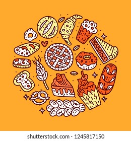 Circle concept card. Bakery vector badge. Bright doodle illustration.