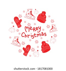 Circle concept with christmas attributes. The illustration shows a winter hat, ice skates, a mitten and a Christmas tree. Merry christmas text on white background