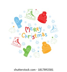 Circle concept with christmas attributes. The illustration shows a winter hat, ice skates, a mitten and a Christmas tree. Merry christmas text on white background