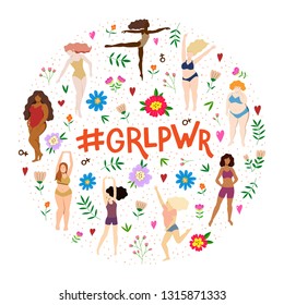 Circle concept with different beautiful women and lettering girl power. Girls with flowers, leaves, hearts and dots in modern flat style.