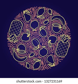Circle concept with different fruits. Vector hand-draw line illustration.