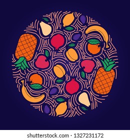 Circle concept with different fruits. Vector hand-draw line illustration.