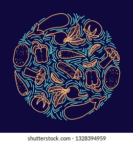 Circle concept with different vegetables. Vector hand-draw line illustration.