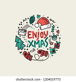 Circle concept illustration with different Christmas symbols - gifts, tree, Santa hat. Doodle style in vintage colors with lettering. Enjoy xmas vector illustration. 