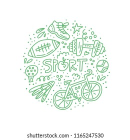 Circle concept illustration with different sport sybols - badminton, nike, football. Stay active vector illustration. 