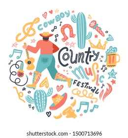 The circle concept with misician cowboy and country misic elements. Guitar with written lettering for postcards or festival banners. Vector flat doodle hand drawn Illustration