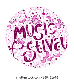   Circle concept of musical abstract background from doodles musical instruments and elements.