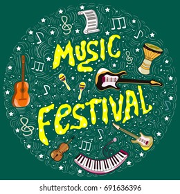 Circle concept of musical abstract background from doodles musical instruments and elements.