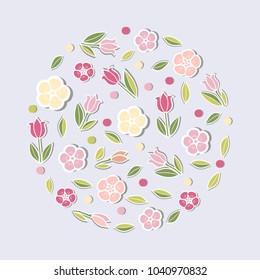 Circle concept with pink flowers isolated on blue background. Design element for party invitation, greeting card, postcard, girl birthday, Mother's Day, Woman's Day, Warm Season Card, flower shop.