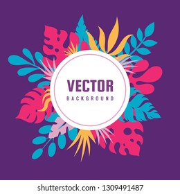 Circle concept poster vector illustration with leaves of exotic plants. Tropical paradise banner template. Spring, autumn or summer frame background. Foliage invitation card template. Graphic design. 