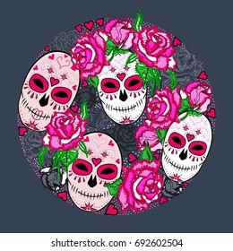 Circle concept with Sugar skull and pink roses. Day of the dead (Dia de los muertos). Happy Halloween. Vector design element. Isolated on background.
