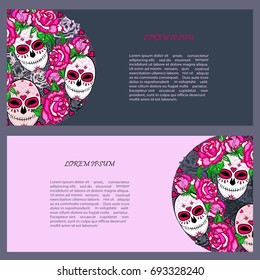 Circle concept with Sugar skull and pink roses. Day of the dead (Dia de los muertos). Happy Halloween. Text copy frame template. Vector
