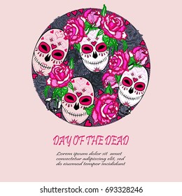 Circle concept with Sugar skull and pink roses. Day of the dead (Dia de los muertos). Happy Halloween. Vector design element. Isolated on background.