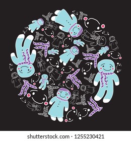 Circle concept with the symbols of Christmas cookies men. Vector gingerbread pattern on chalk board
