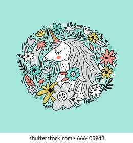 Circle concept with unicorn and flowers - cute vector illustration