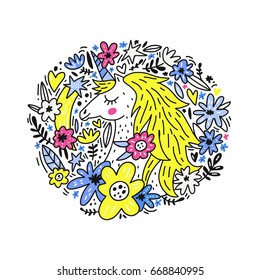 Circle concept with unicorn and flowers - cute vector illustration