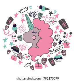 Circle concept with unicorn and heart, cupcakes, icecreams,presents, stars - cute vector illustration