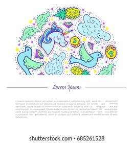 Circle concept with unicorn. Text copy frame template. It can be used for cover, invitation, birthday, greetings, unicorn party, baby birth, good night and sweet dreams card. Vector.