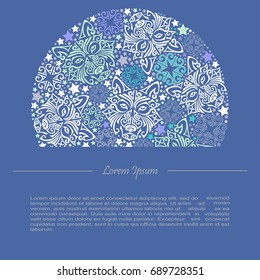 Circle concept with white wolf or husky dog head stylized Maori face tattoo. Text copy frame template. Dog is symbol of 2018 year. Vector