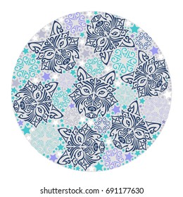Circle concept with wolf or husky dog head stylized Maori face tattoo. Dog is symbol of 2018 year. Vector design element. Isolated on blue background.