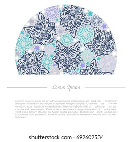 Circle concept with wolf or husky dog head stylized Maori face tattoo. Text copy frame template. Dog is symbol of 2018 year. Vector