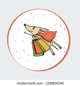 Circle concept for your design. The dog is a superhero with shopping and gifts. Money, shopping. Hand drawing for your design. For your advertising, websites, banners, postcards